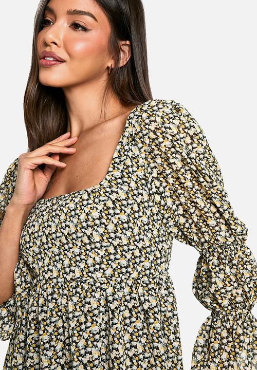 boohoo - Floral gathered puff sleeve smock dress - multi