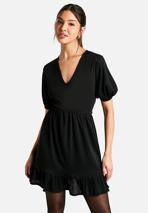Ribbed puff sleeve v neck tiered smock dress - black