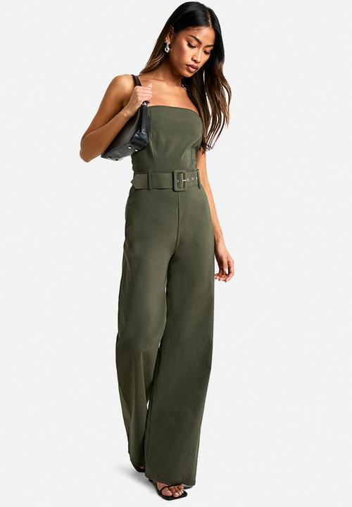 boohoo - Belt trim bandeau wide leg jumpsuit - khaki