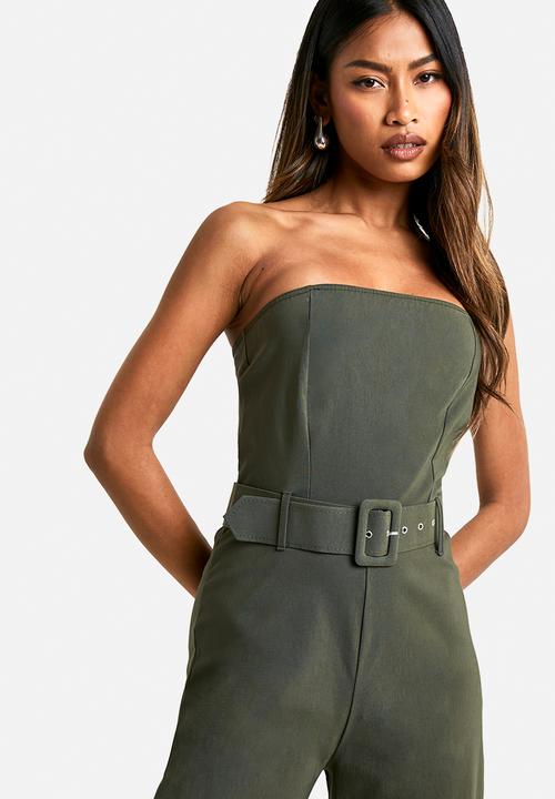 boohoo - Belt trim bandeau wide leg jumpsuit - khaki