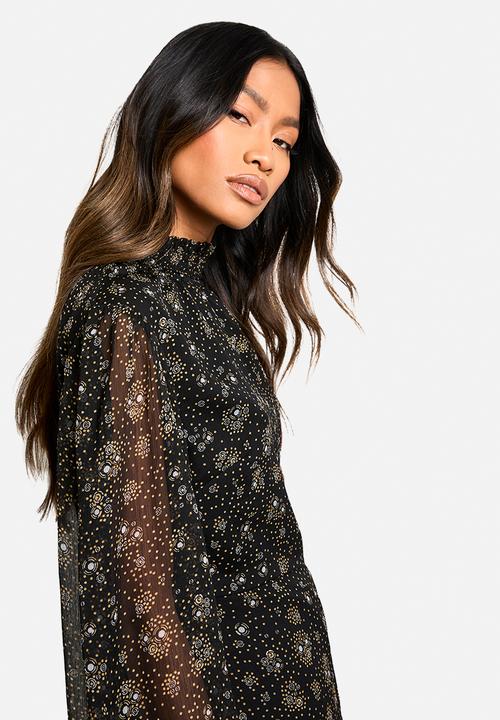boohoo - Ditsy Floral Chiffon High Neck Skater Dress - Black
