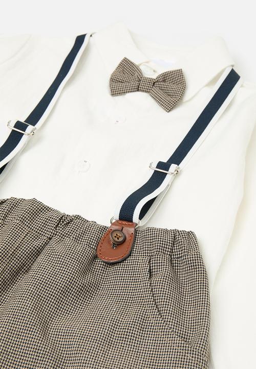 Pop Candy - Bow tie shirt and suspender pants set - brown & white