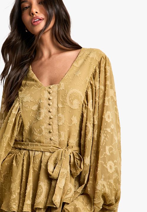 boohoo - Floral Jacquard Tiered Belted Skater Dress - Khaki