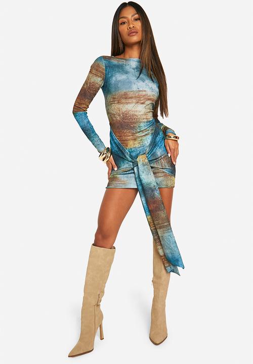 boohoo - Printed tie front mesh mini dress - green