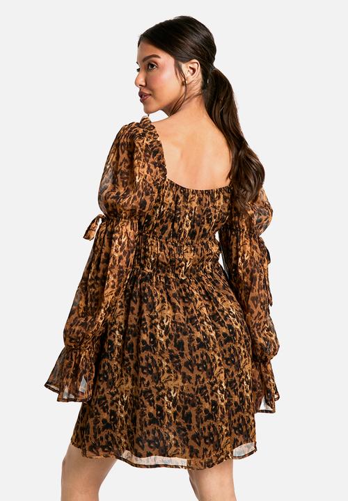 boohoo - Leopard chiffon milkmaid mini dress - brown