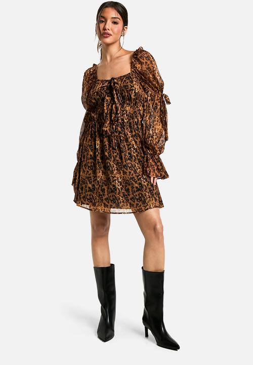 boohoo - Leopard chiffon milkmaid mini dress - brown
