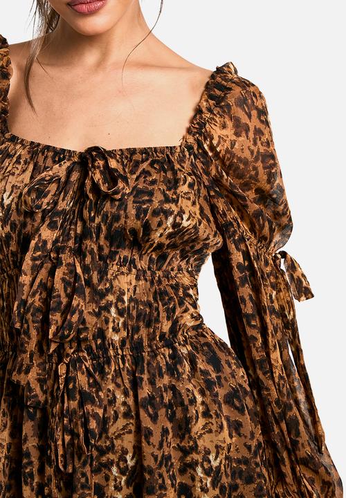 boohoo - Leopard chiffon milkmaid mini dress - brown