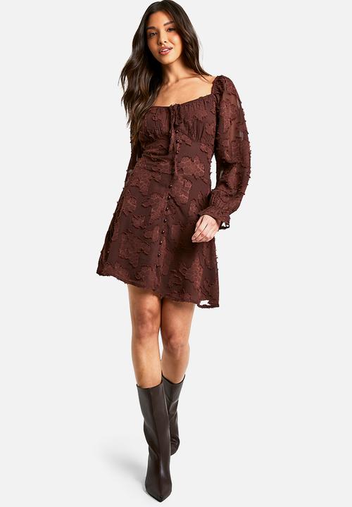 boohoo - Tie detail burnout long sleeve mini dress - choc