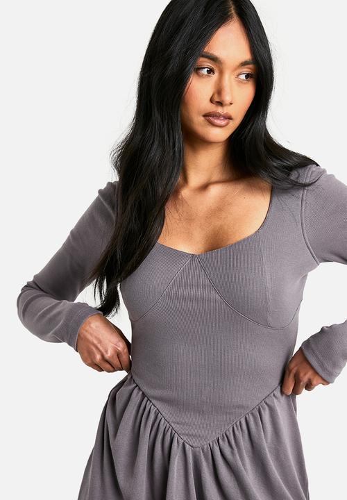 boohoo - Rib Dropped Hem Smock Dress - Grey