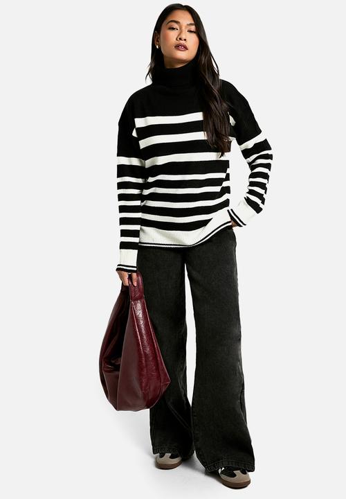 boohoo - Stripe Roll Neck Jumper - black