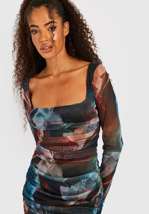 boohoo - Abstract square neck ruched mesh bodycon dress - multi
