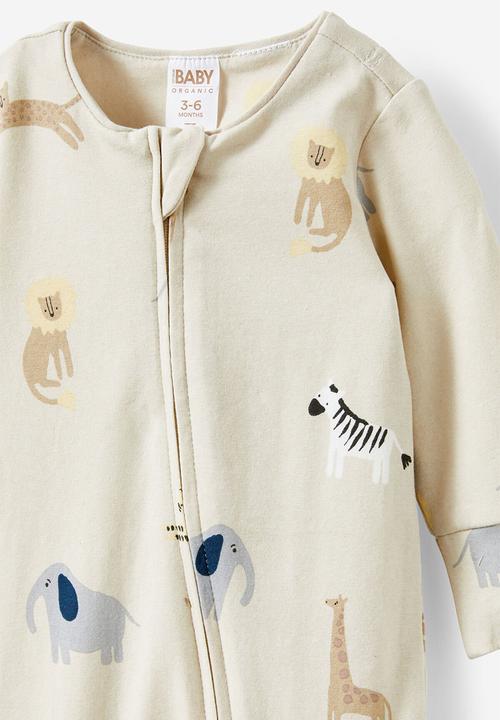 Cotton On - The long sleeve zip romper - rainy day/safari animals