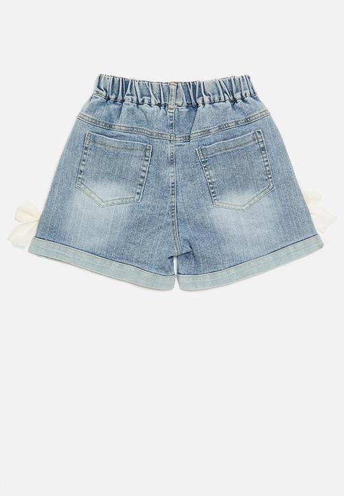 Pop Candy - Cuffed denim shorts with organza bows - blue