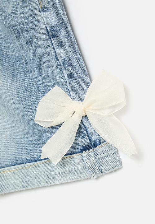 Pop Candy - Cuffed denim shorts with organza bows - blue