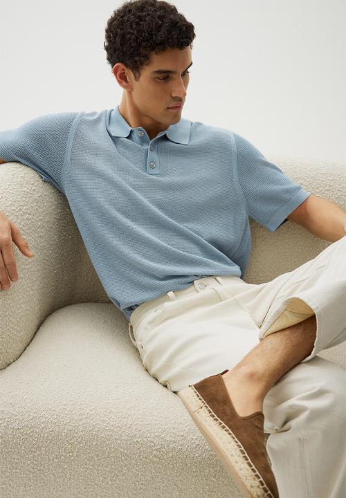 H&M - Regular fit hole-knit polo shirt - light blue