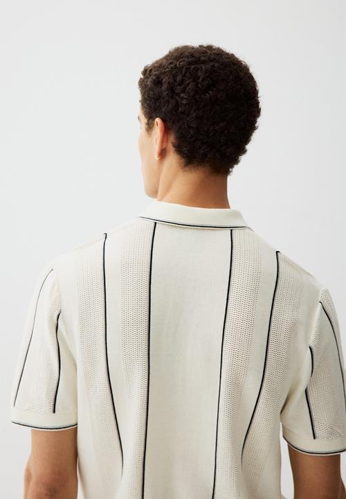 H&M - Regular fit pointelle-knit polo shirt - cream striped