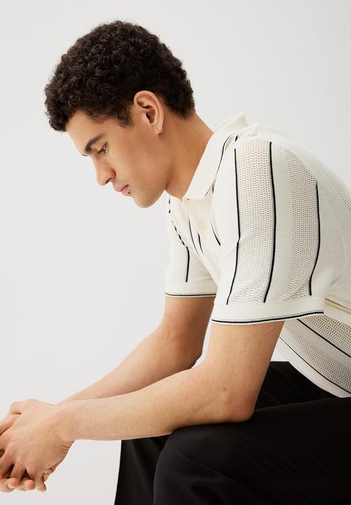H&M - Regular fit pointelle-knit polo shirt - cream striped