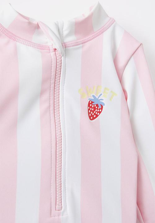 Cotton On - Lucy long sleeve ruffle back swimsuit - blush pink/bold stripe