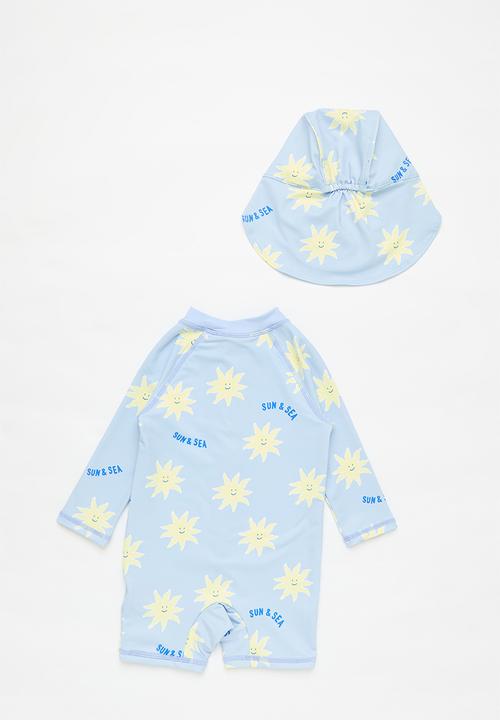 Cotton On - Bundle cameron swimsuit and sammy swim hat - dawn blue/sun & sea