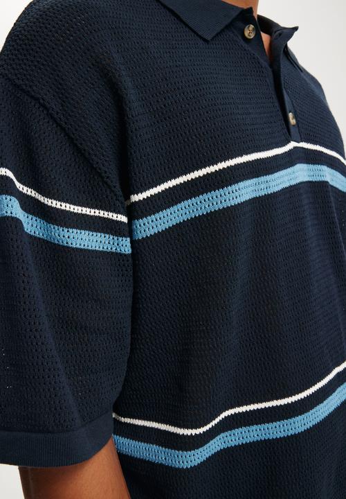 Cotton On - Knitted Polo - Navy Stripe
