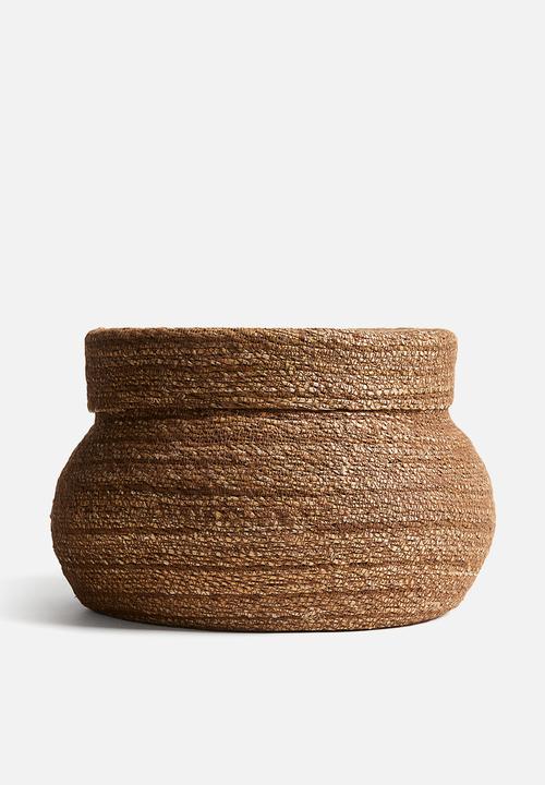 Handmade straw box - brown striped