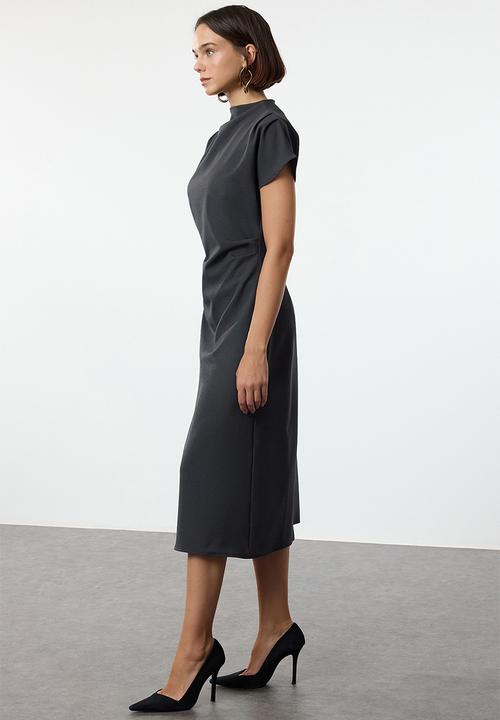 Trendyol - A-line cowl neck midi crepe woven dress  - anthracite