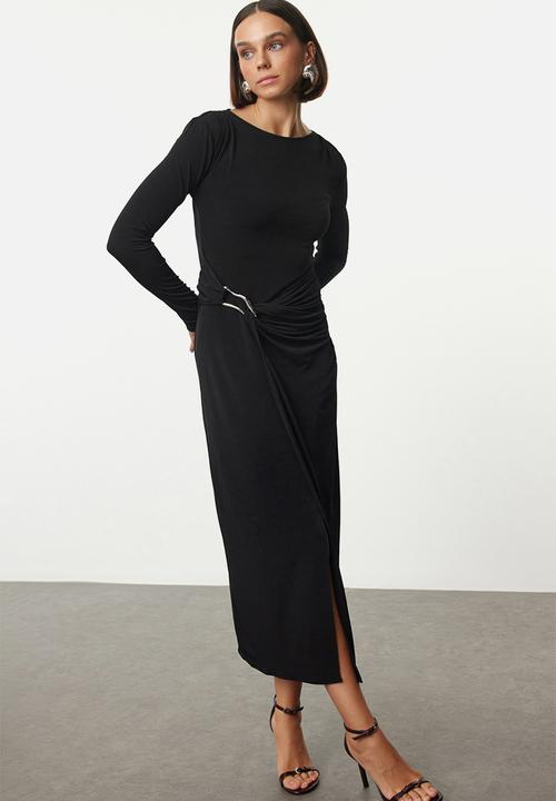 Trendyol - Accessory detail fitted maxi stretch knit dress  - black