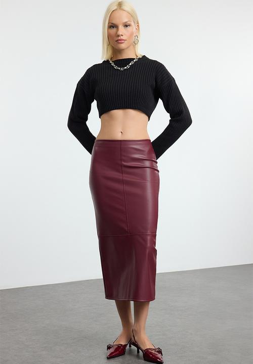 Trendyol - Red high waist pencil skirt with fitted slit  - burgundy