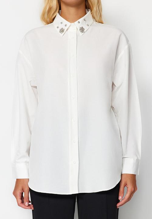 Trendyol - Collar stone detail oversize woven shirt - ecru