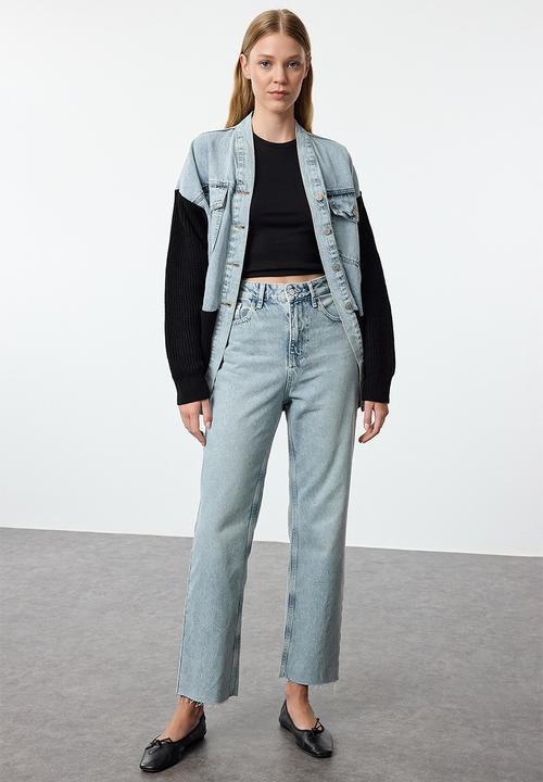 Trendyol - Blue cut-out high waist straight jeans  - light blue