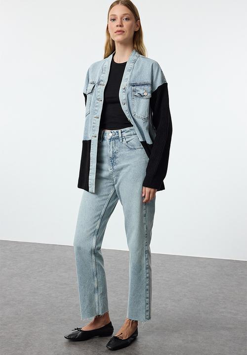 Trendyol - Blue cut-out high waist straight jeans  - light blue