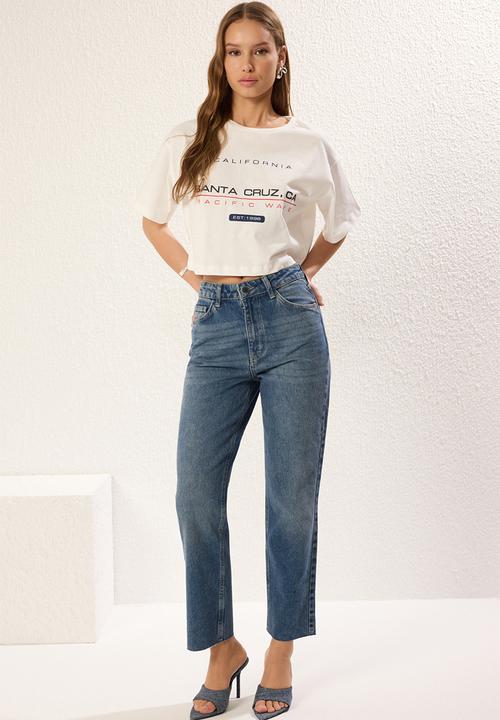 Trendyol - Leg cutout high waist straight jeans  - blue