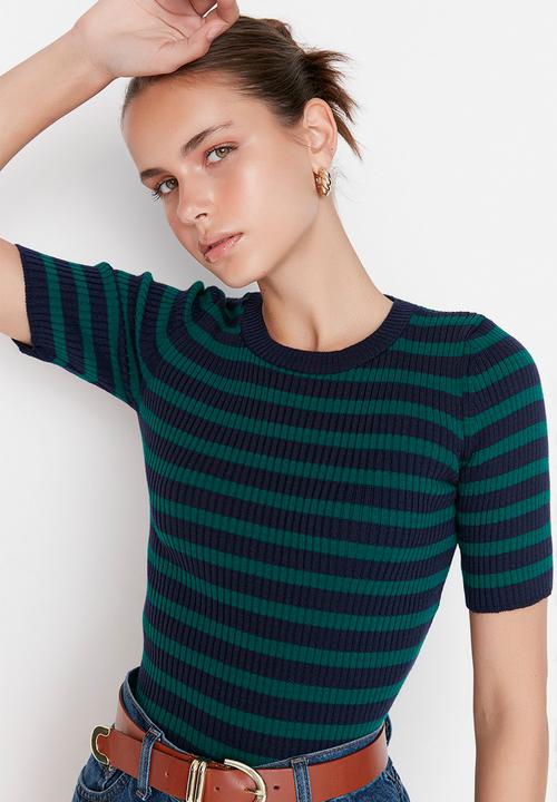 Trendyol - Blue basic striped knitwear sweater - navy blue