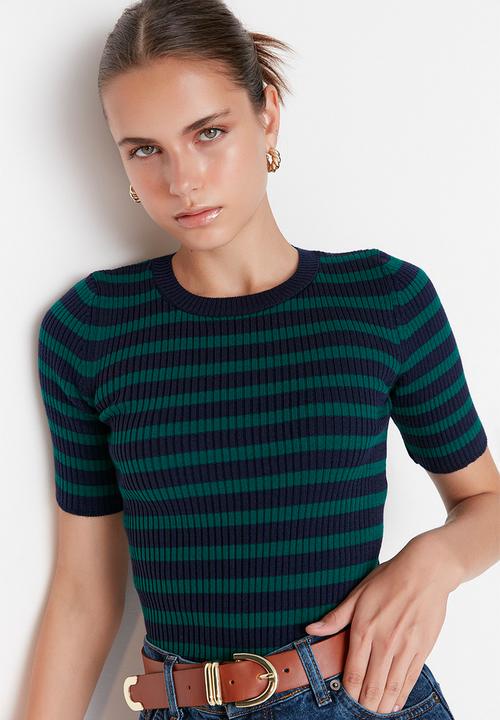 Trendyol - Blue basic striped knitwear sweater - navy blue