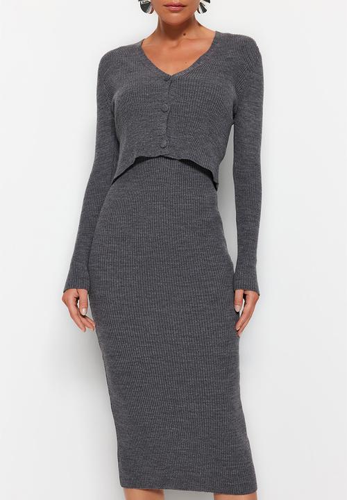 Trendyol - Fitted midi knitwear cardigan dress suit - anthracite