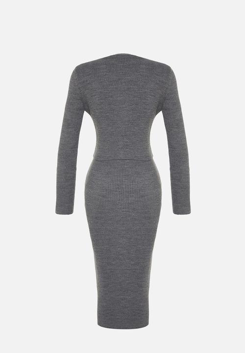 Trendyol - Fitted midi knitwear cardigan dress suit - anthracite