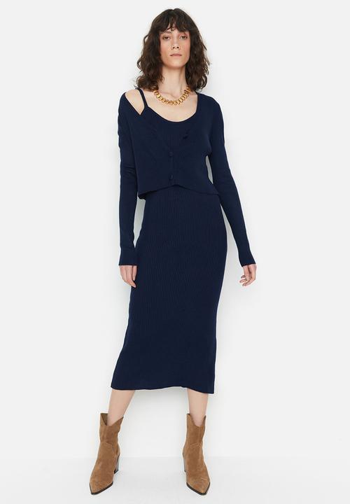 Trendyol - Fitted midi knitwear cardigan dress suit - navy blue