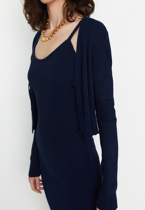 Trendyol - Fitted midi knitwear cardigan dress suit - navy blue
