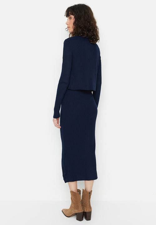 Trendyol - Fitted midi knitwear cardigan dress suit - navy blue