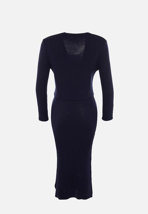 Trendyol - Fitted midi knitwear cardigan dress suit - navy blue