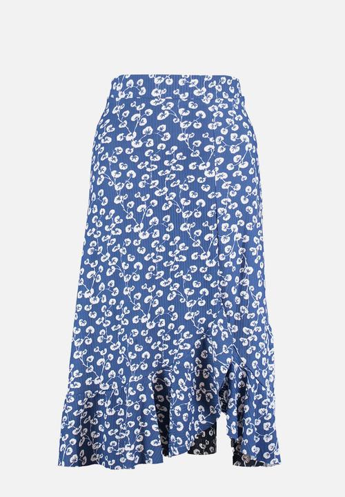 Trendyol - Printed high waist midi stretchy knitted skirt with gather detail and flounce - blue