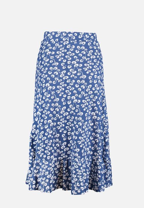 Trendyol - Printed high waist midi stretchy knitted skirt with gather detail and flounce - blue