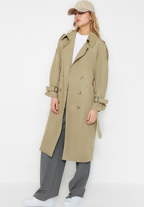 Trendyol - Oversize wide cut belted water repellent long trench coat - light khaki