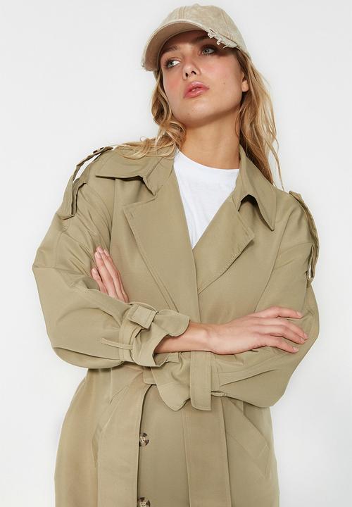 Trendyol - Oversize wide cut belted water repellent long trench coat - light khaki