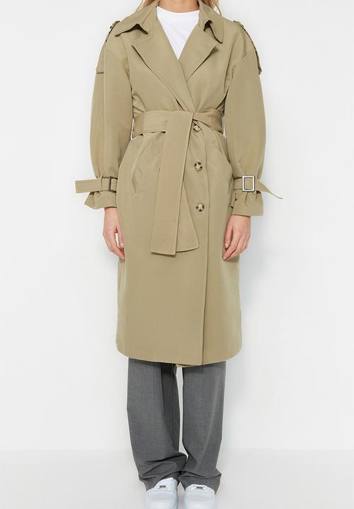 Trendyol - Oversize wide cut belted water repellent long trench coat - light khaki