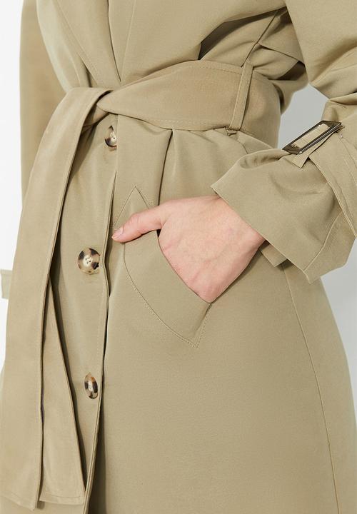 Trendyol - Oversize wide cut belted water repellent long trench coat - light khaki