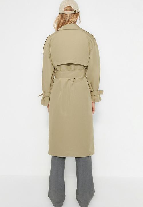 Trendyol - Oversize wide cut belted water repellent long trench coat - light khaki