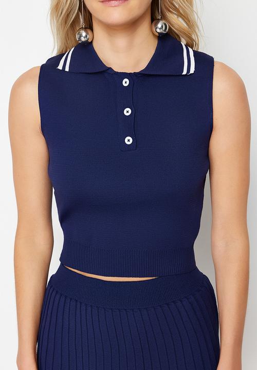 Trendyol - Polo collar pleated skirted top bottom set - navy blue