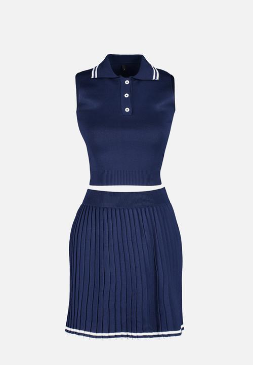 Trendyol - Polo collar pleated skirted top bottom set - navy blue