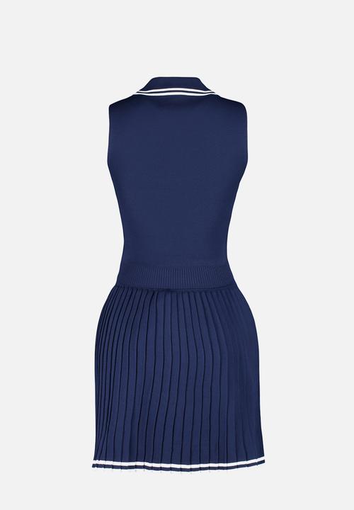 Trendyol - Polo collar pleated skirted top bottom set - navy blue
